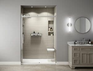 a remodeled shower with walk-in basin, shower chair, and on-wall shelving